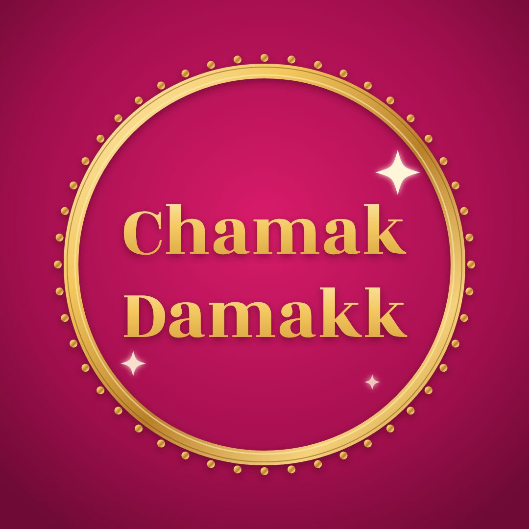 Chamak Damakk logo: the words Chamak Damakk inside a gold beaded bangle ring on rani pink